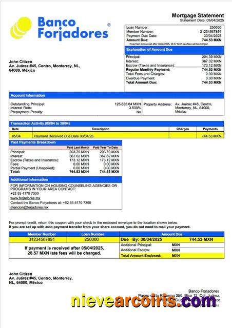 Mexico Banco Forjadores mortgage statement Word and PDF template